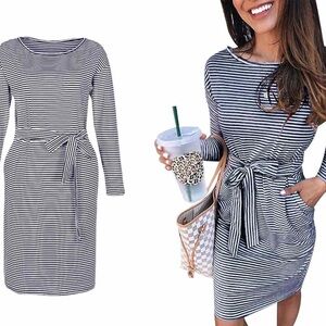 NWT Ecowish Women’s Navy and White Stripe Long Sleeve Cotton Dress - size Medium